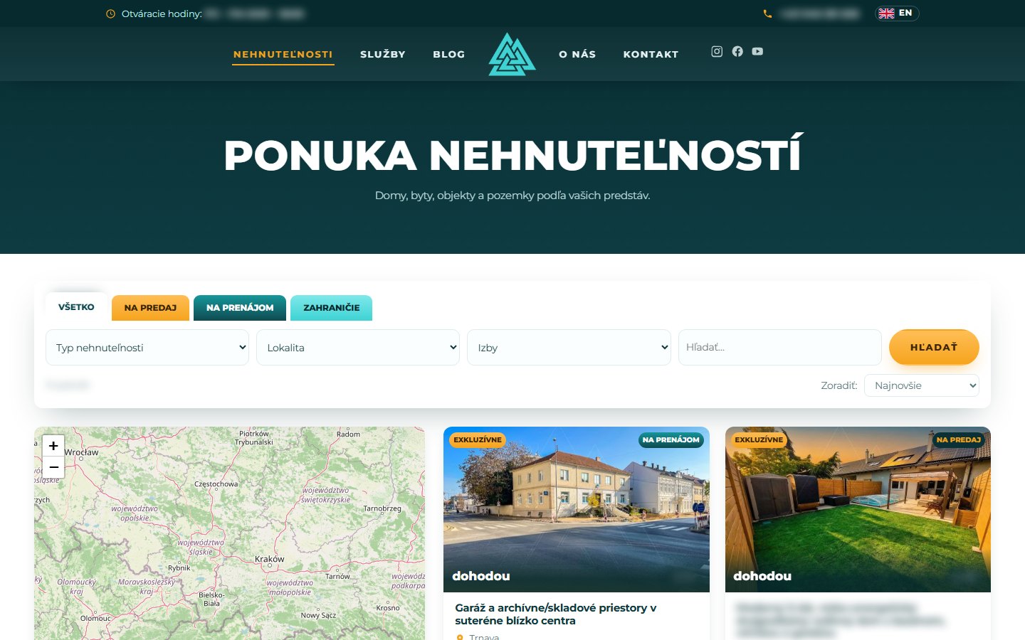 Ponuka nehnuteľností s filtrom a mapou