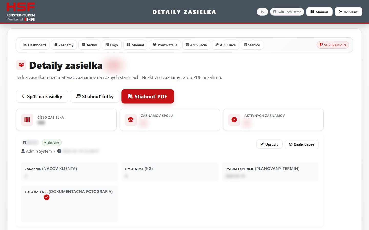 Detail zásielky s fotodokumentáciou a PDF