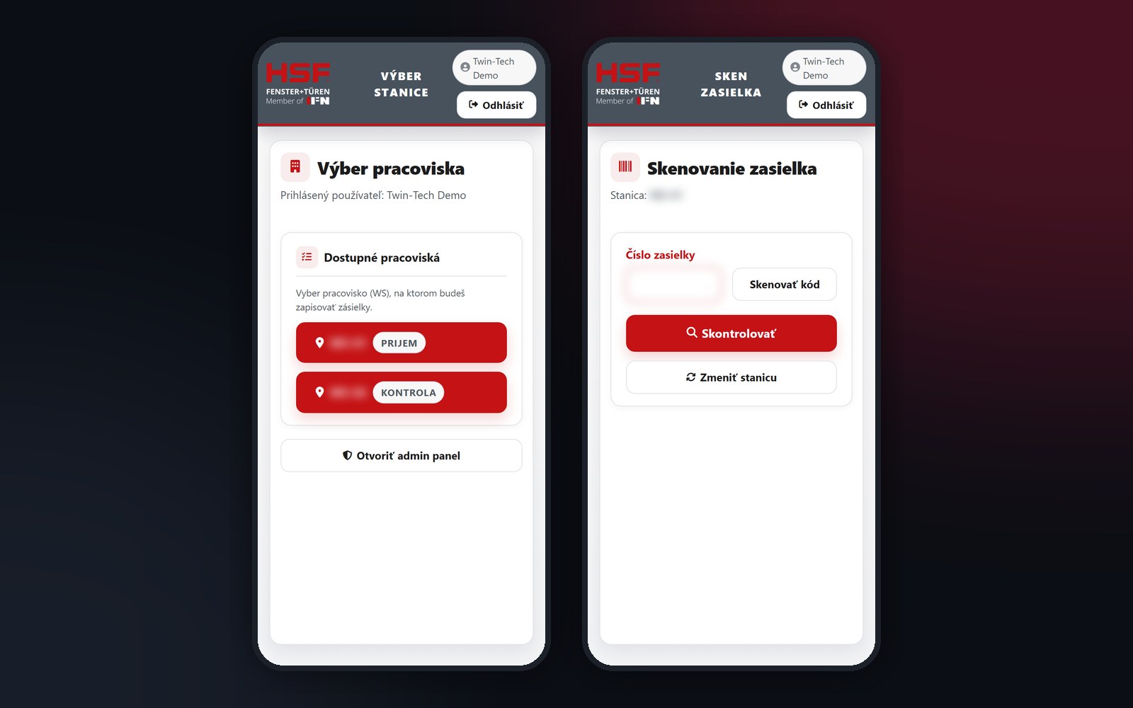 Mobilná aplikácia – výber stanice a skenovanie zásielky