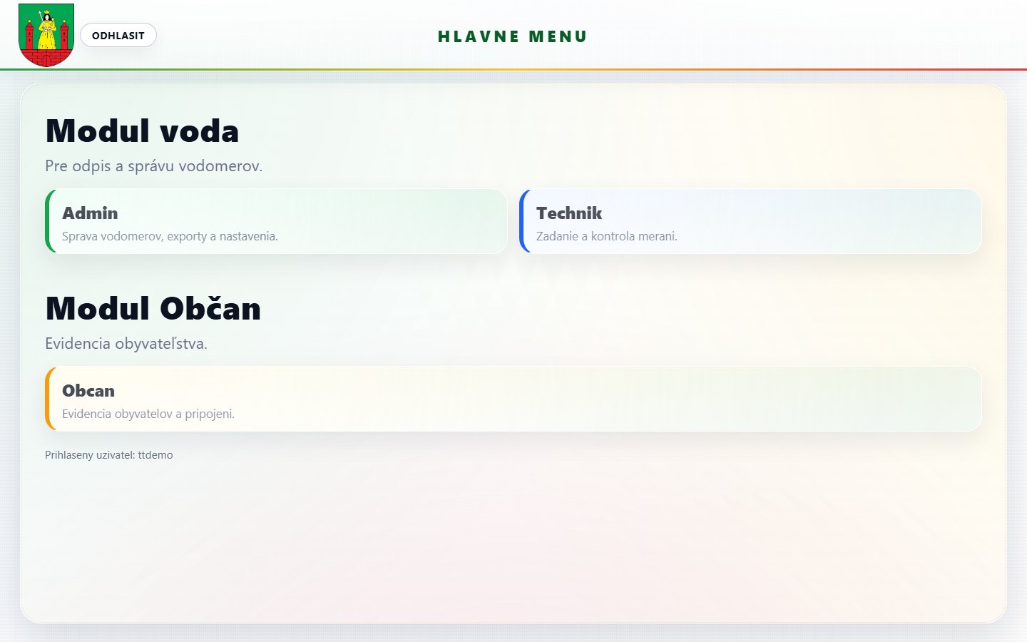Hlavné menu – moduly aplikácie